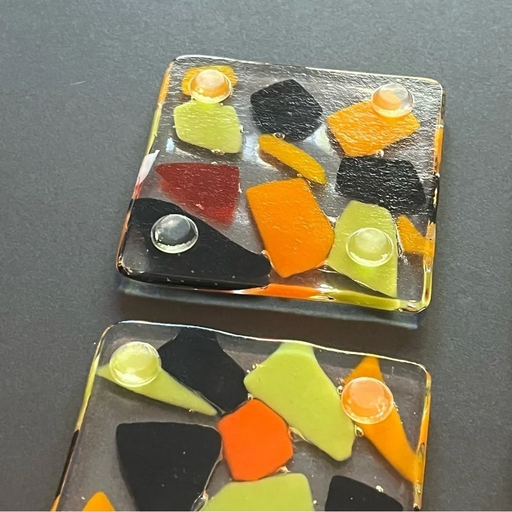 Fused Art Glass Coasters Barware Drink Abstract Geometric Black Orange MCM 4x